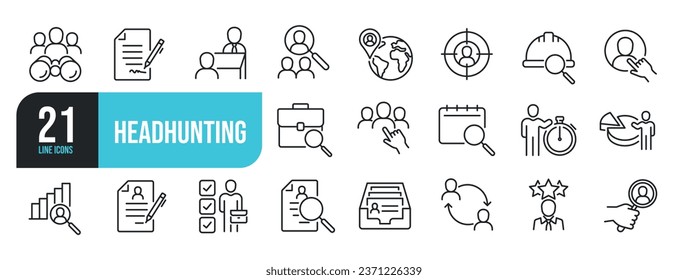 Set of line icons related to headhunting, recruitment, hiring, resume. Outline icons collection. Vector illustration.