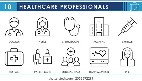 A set of line icons related to Healthcare Professionals. Doctor, Nurse, Stethoscope, hospital, syringe, first aid, PPE, and so on. Vector editable stroke.