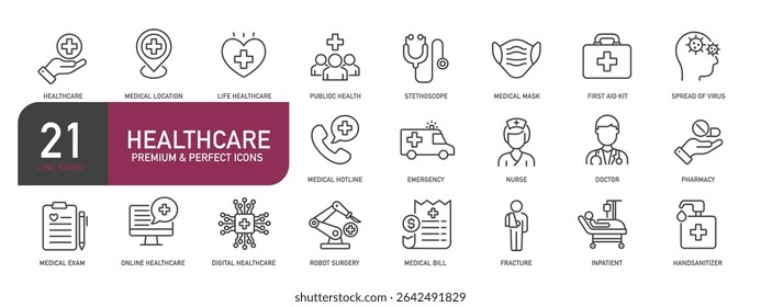Set of line icons related to healthcare, medical, hospital, doctor. Outline icons collection. Vector illustration