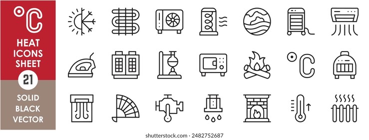 A set of line icons related to heat. Heat, heater, air conditioner, oven, iron, sun, thermometer and so on. Vector outline icons set.