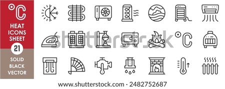 A set of line icons related to heat. Heat, heater, air conditioner, oven, iron, sun, thermometer and so on. Vector outline icons set.