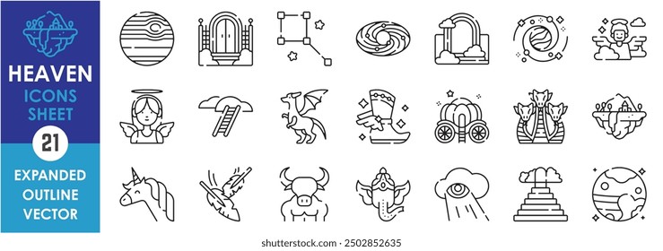 A set of line icons related to Heaven. God, heaven, myth, unicorn, stairs, fairy, planet, gate, stars, and so on. Vector outline icons set.