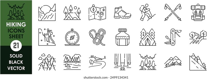 A set of line icons related to Hiking. Travel, walk, forest, mountain, compass, map, bag pack, trail, camping and so on. Vector outline icons set.