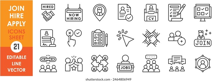 A set of line icons related to hire and join. Application, job, hire, work, appointment, resume and so on. Vector outline icons set.