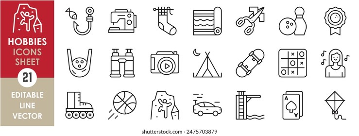 A set of line icons related to hobbies and leisure. Rock climbing, sewing and knitting, swimming, skating, race, gambling and so on. Vector outline icons set.