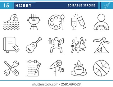 A set of line icons related to Hobby. Leasure, work, swim, book, music, dance, camping, cooking, repair, paint, and so on. Vector editable stroke.