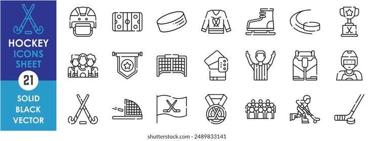 A set of line icons related to hockey. Sports, hockey, puck, referee, award, player, cloths, flag, goal, ice hockey and so on. Vector outline icons set.