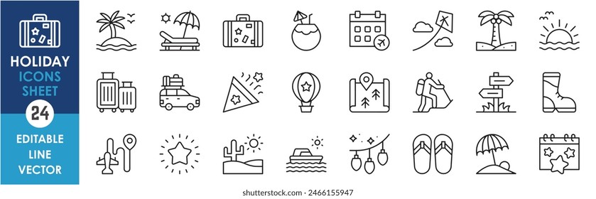 A set of line icons related to Holiday. Holiday, travel, visit, beach, hiking, hike, sunshine, boot, freshness and so on. Vector outline icons set.