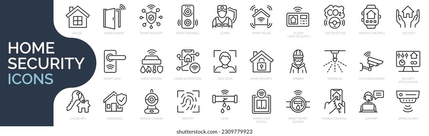 Set of line icons related to home security, house protection, smart house. Outline icon collection. Editable stroke. Vector illustration