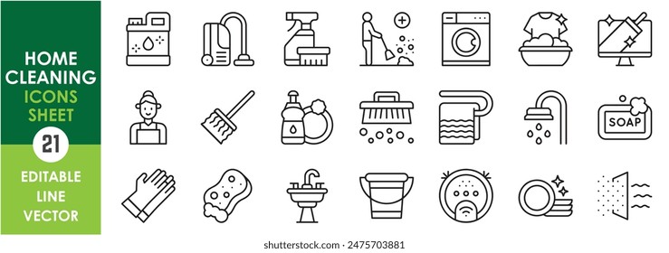 A set of line icons related to home cleaning and hygiene. Clean, bleach, laundry, gloves, dishes, soap, vacuum, liquid and so on. Vector outline icons set.