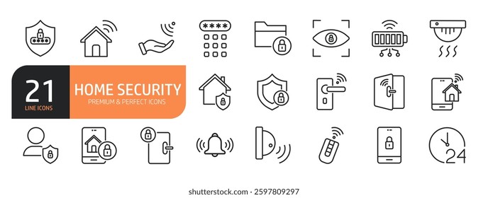 Set of line icons related to Home Security, Smart Home, Autonomous Technology, Biometric System, remote control and more. Outline icons collection. Vector illustration