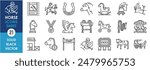 A set of line icons related to horse. Horse riding, racing, horseshoe, medal, strategy, betting, amusement park, stable, carriage and so on. Vector outline icons set.