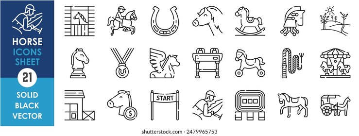 A set of line icons related to horse. Horse riding, racing, horseshoe, medal, strategy, betting, amusement park, stable, carriage and so on. Vector outline icons set.