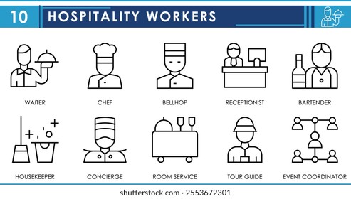 A set of line icons related to Hospitality Workers. Waiter, chef, bellhop, receptionist, bartender, housekeeper, room service, and so on. Vector editable stroke.