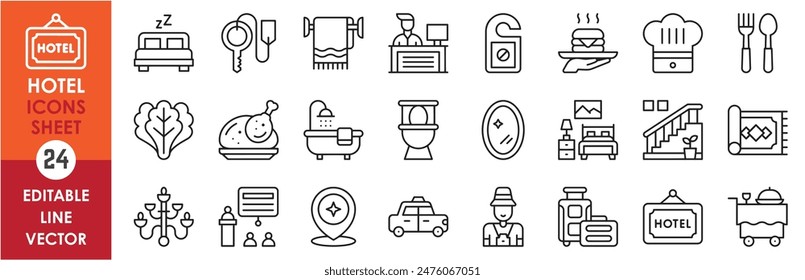 Eine Reihe von Linien-Icons im Zusammenhang mit dem Hotel. Hotel, Restaurant, Essen, Trinken, Ruhe, Bett, Tisch, Abendessen, Tourist, Seminar und Treffen und so weiter. Vektorgrafik-Gliederungssymbole festgelegt.