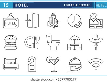 A set of line icons related to Hotel. Room, food, service, call, toilet, star, location, sign, and so on. Vector editable stroke.