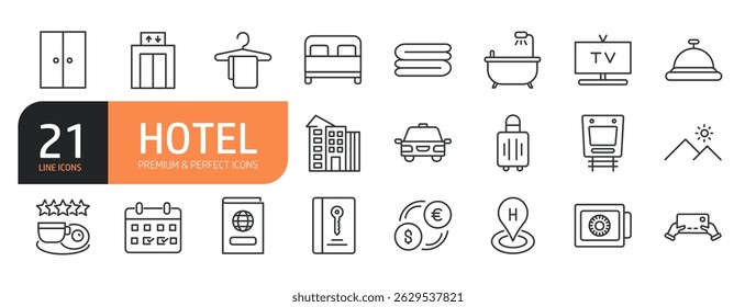 Set of line icons related to hotel, service, hostel, taxi, key card and more. Outline icons collection. Vector illustration.