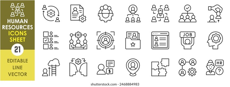 Conjunto de iconos de línea relacionados con los recursos humanos. Mano de obra, humano, trabajo, contratación, trabajo, profesional, activo y así sucesivamente. Conjunto de iconos de contorno de Vector.