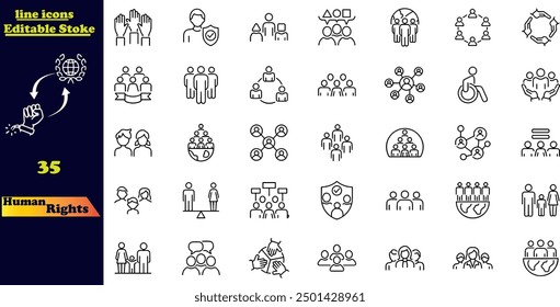 Set of line icons related to human rights. Outline icon collection. democracy, equality of rights, tolerance, activism, freedom. 