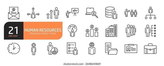 Conjunto de ícones de linha relacionados a Recursos Humanos, Recrutamento, Emprego, negócios, escritório, empresa e gerenciamento e muito mais. Coleção de ícones de tópicos. Ilustração vetorial.
