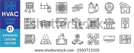 A set of line icons related to HVAC. Heating, Ventilation, Air Conditioning, cool, heat, temperature, balance, machines, refrigerator, compressor, fan, and so on. Vector outline icons set.