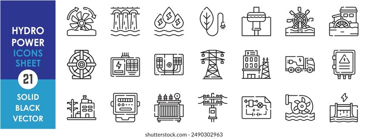 A set of line icons related to hydro power. Green energy, power plant, dam, turbine, generator, transformer, distributor, meter, waves, circuit, poles, water and so on. Vector outline icons set.