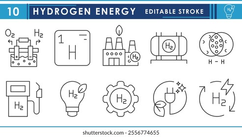 A set of line icons related to Hydrogen energy. Electrolysis, green industry, fuel, clean energy, and so on. Vector editable stroke.