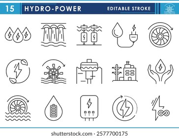 A set of line icons related to Hydropower. Hydro, energy, water, dynamo, generator, green energy, dam, and so on. Vector editable stroke.