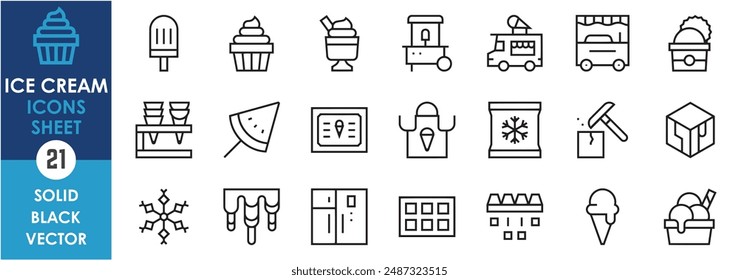 A set of line icons related to ice cream. Cream, ice, cube, fridge, fruit, cold, ice cubes, cones, stall, vendor, bowl and so on. Vector outline icons set.