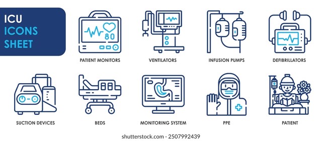 A set of line icons related to ICU. Intensive Care Unit, monitors, ventilators, infusion pumps, defibrillators, suction pumps, beds, PPE. Vector outline icons set.