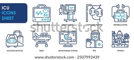 A set of line icons related to ICU. Intensive Care Unit, monitors, ventilators, infusion pumps, defibrillators, suction pumps, beds, PPE. Vector outline icons set.