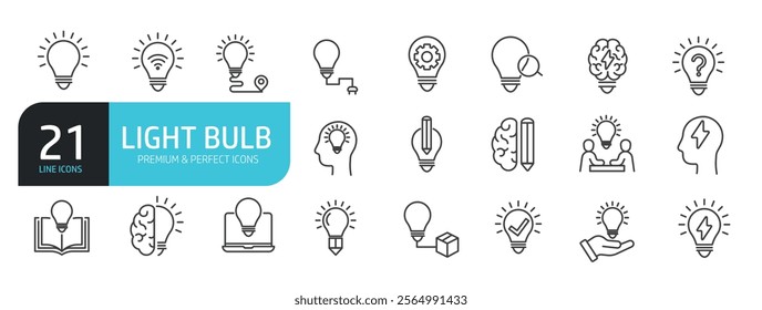 Set of line icons related to idea, creative, solution, brainstorm. Outline icons collection. Vector illustration.