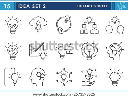 A set of line icons related to Idea. Idea, logic, reasoning, technology, brain, sharp, growth, logical, startup, brilliant, and so on. Vector editable stroke.