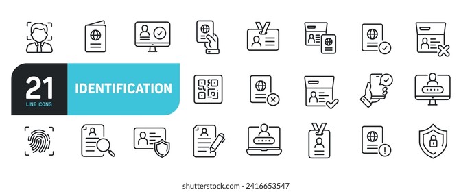 Set of line icons related to identification, verification, passport, identity. Outline icons collection. Vector illustration.