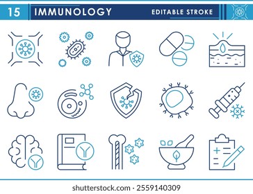 A set of line icons related to Immunology. Immune system, pathogen, vaccination, bone marrow, skin reaction, and so on. Vector editable stroke.