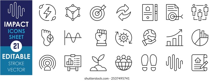 Um conjunto de ícones de linha relacionados ao Impacto. Crescimento, meta, mudança, influência, onda, comunidade, sustentabilidade e assim por diante. Traçado editável de vetor.