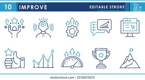 Um conjunto de ícones de linha relacionados a Melhorar. Sucesso, sucesso, ambição, gráfico, prêmio e assim por diante. Traçado editável de vetor.