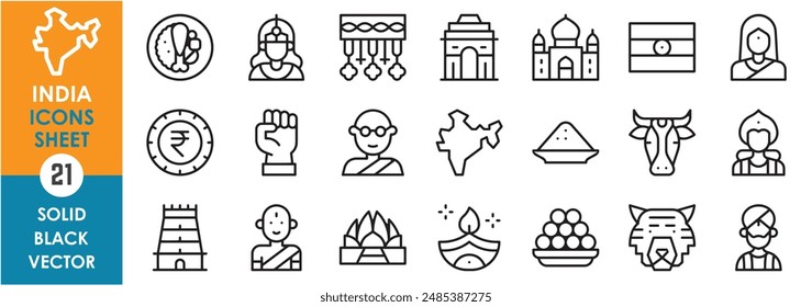 A set of line icons related to India and its culture. Cuisine, traditions, religion, currency, architecture, gods, temples, people, festivals and so on. Vector outline icons set.