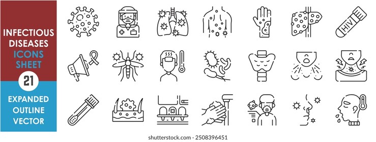 Um conjunto de ícones de linha relacionados a doenças infecciosas. Covid, tuberculose, varíola, HIV, malária, dengue, zika, tosse, lavagem manual, distanciamento social, gripe e assim por diante. Definição de ícones de contorno de vetor.
