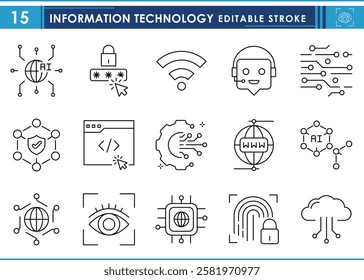 A set of line icons related to Information Technology. IT, connect, digital, circuit, security, computing, worldwide, networking, coding, developing, and so on. Vector editable stroke.