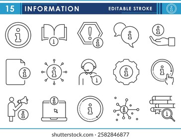 A set of line icons related to Information. Info, technology, line, warning, suggestions, digital, alarm, alert, signal, and so on. Vector editable stroke.