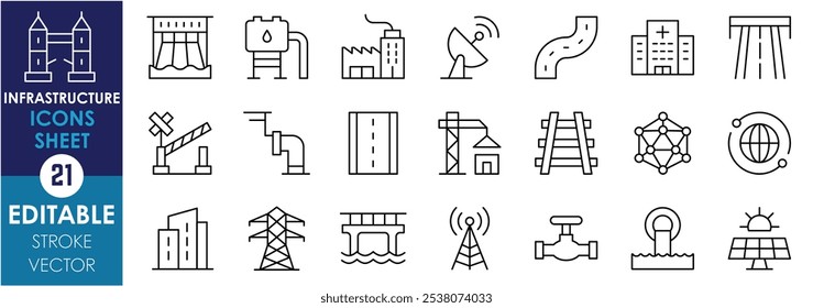 Conjunto de iconos de línea relacionados con la infraestructura. Presa, edificio, hospital, carretera, tubería, líneas eléctricas, red, puentes, ferrocarril, etc. Vector de trazo editable.