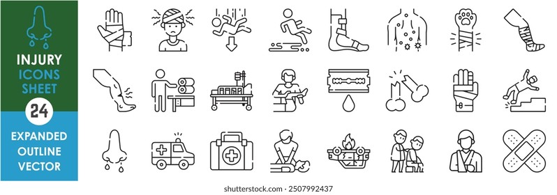 Un conjunto de iconos de línea relacionados con Lesiones. Dolor, ruptura, mal funcionamiento, vendaje, caída, dolor, sangrado, ambulancia, cura, terapia física, etc. Conjunto de iconos de contorno de Vector.