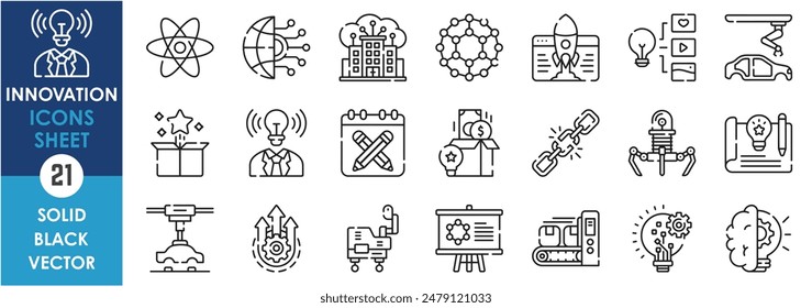 A set of line icons related to innovation. Robot, idea, leadership, progress, intelligence, industrial, nanotechnology, digital world and so on. Vector outline icons set.