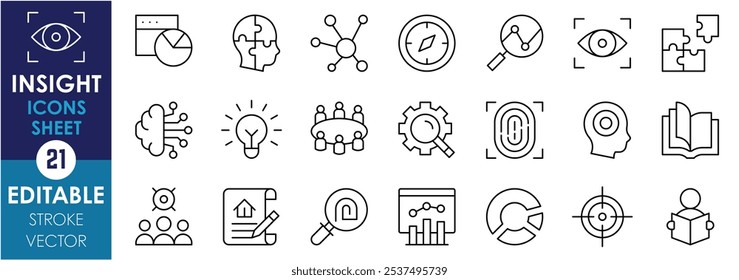 A set of line icons related to Insight. Dashboard, vision, lightbulb, mind, read, target, compass, and so on. Vector editable stroke.