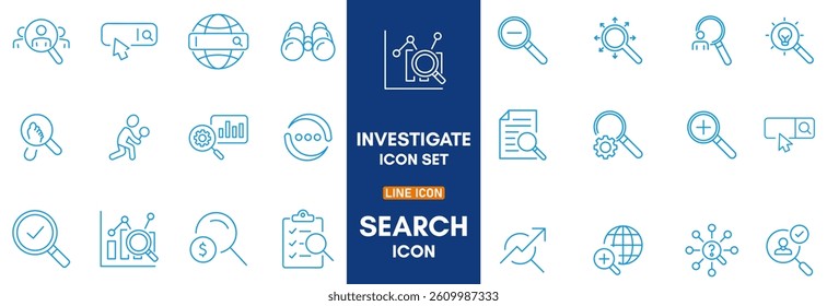 A set of line icons related to Insight. Dashboard, vision, lightbulb, mind, read, target, compass, and so on. Vector editable stroke.