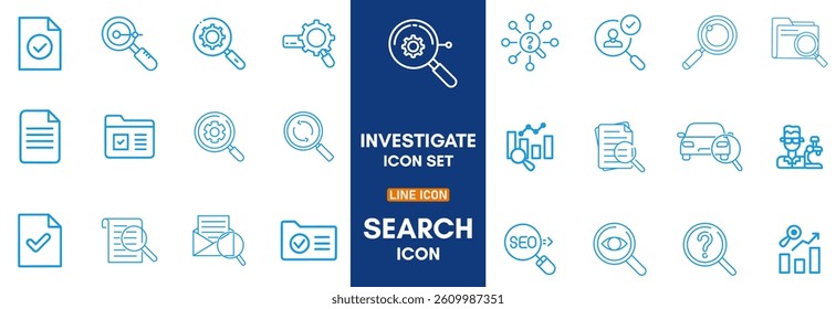 A set of line icons related to Insight. Dashboard, vision, lightbulb, mind, read, target, compass, and so on. Vector editable stroke.