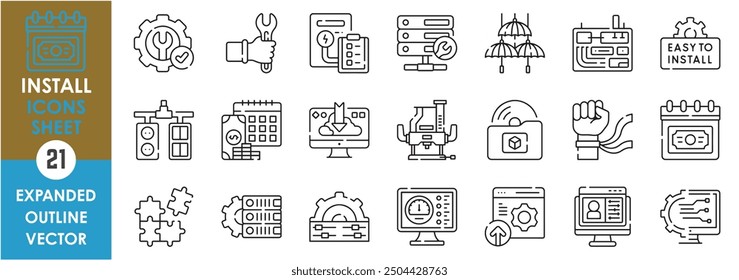 A set of line icons related to Install. Setup, configure, modify, software, hardware, decoration, electricity, repair, payday, payment, due date, and so on. Vector outline icons set.