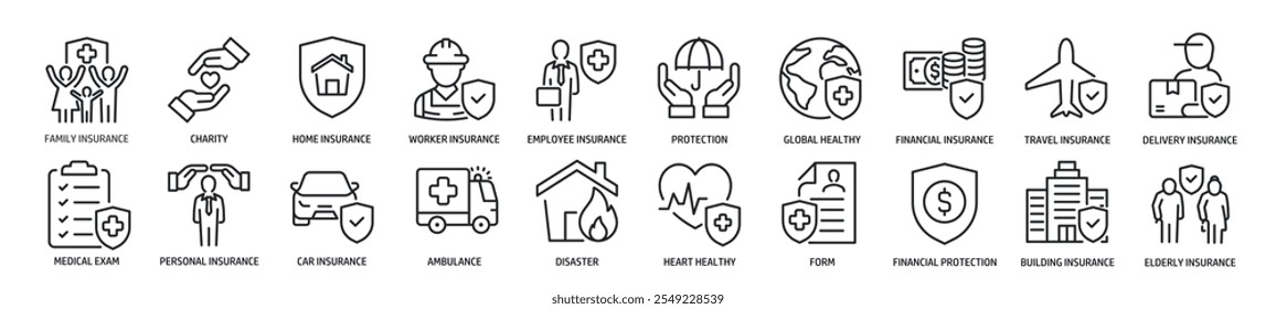 Set of line icons related insurance, health, safety, protection. 500x500px Perfect pixel on transparent background
