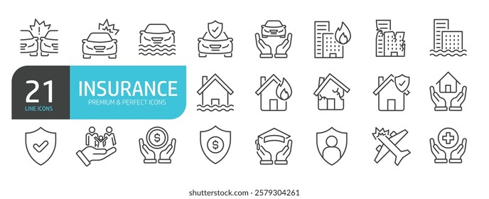 Set of line icons related to insurance, protection, accident, safety. Outline icons collection. Vector illustration.